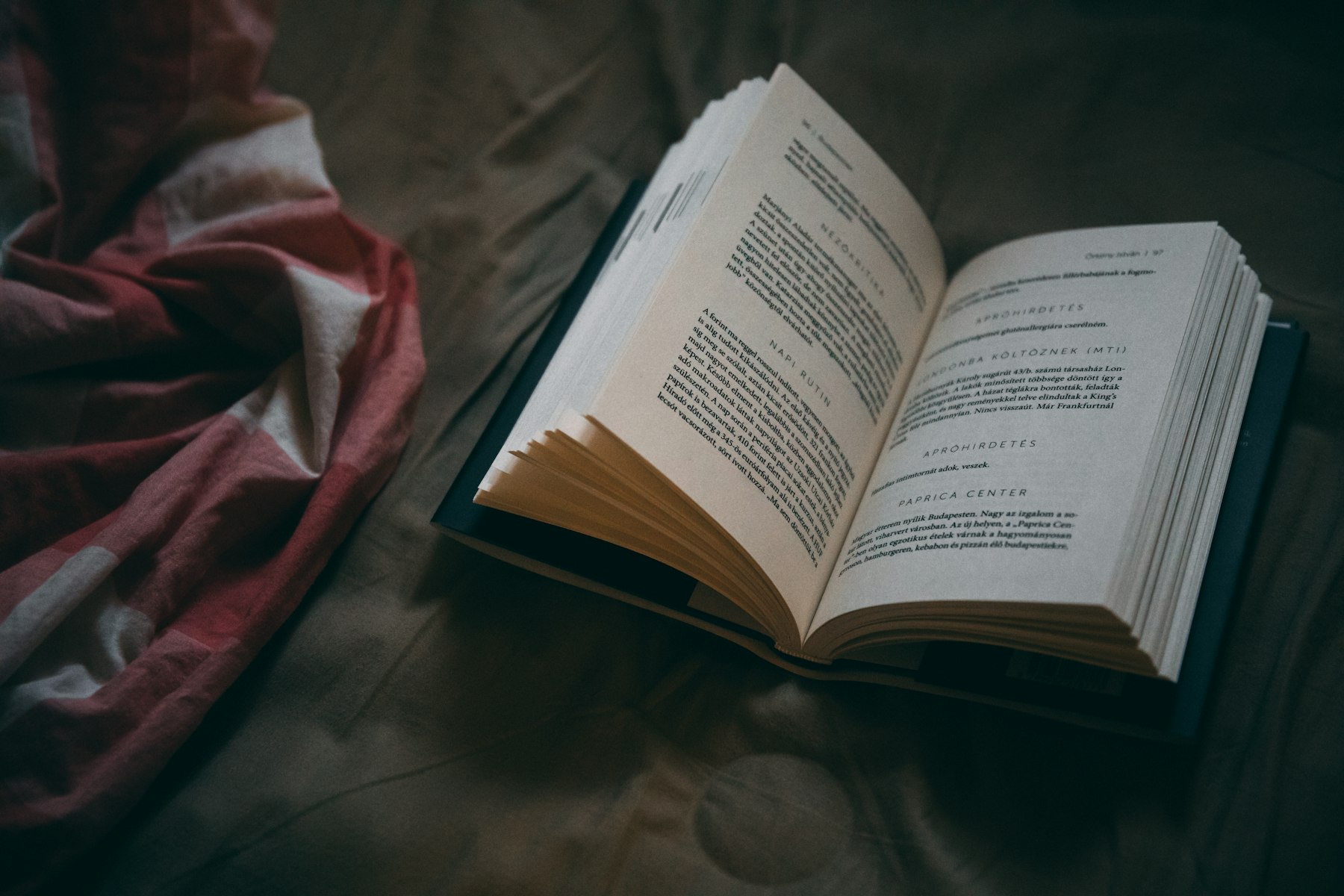 Livre ouvert posé sur une couverture brune, dans la lumière tamisée d'une soirée calme